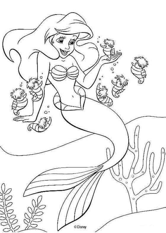 coloriage Arielle la petite sirene et la ronde des hippocampes
